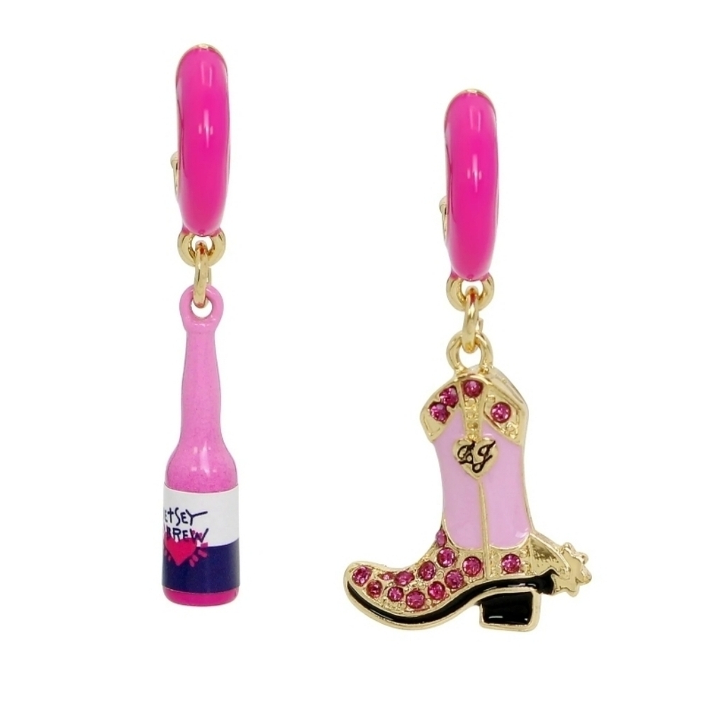 👢▪️Betsey Johnson▪️ Cowboy Boot & Beer Mis-Matched Huggie Drop Earrings
